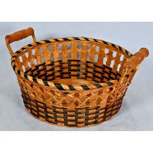 Vintage Wicker Rattan Seagrass Basket Wood Handles Black Accent Decor